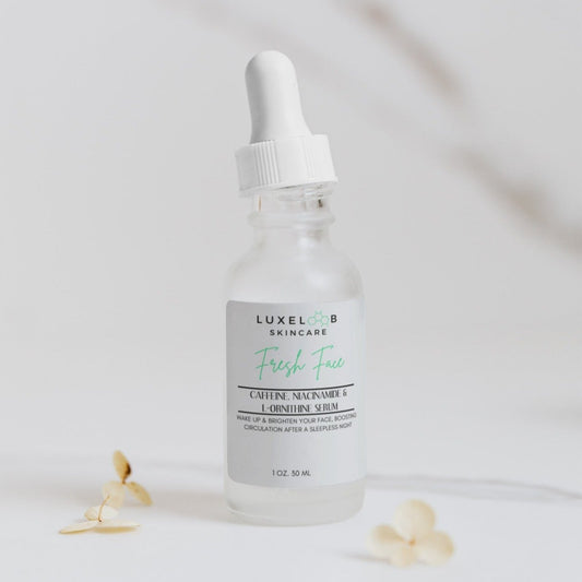 This fresh face serum, with caffeine, a high concentration of Niacinamide, Green Tea, Cucumber Water, and Ginkgo Biloba, brightens and energizes your skin while boosting circulation for a refreshed, revitalized look, even after a sleepless night.
